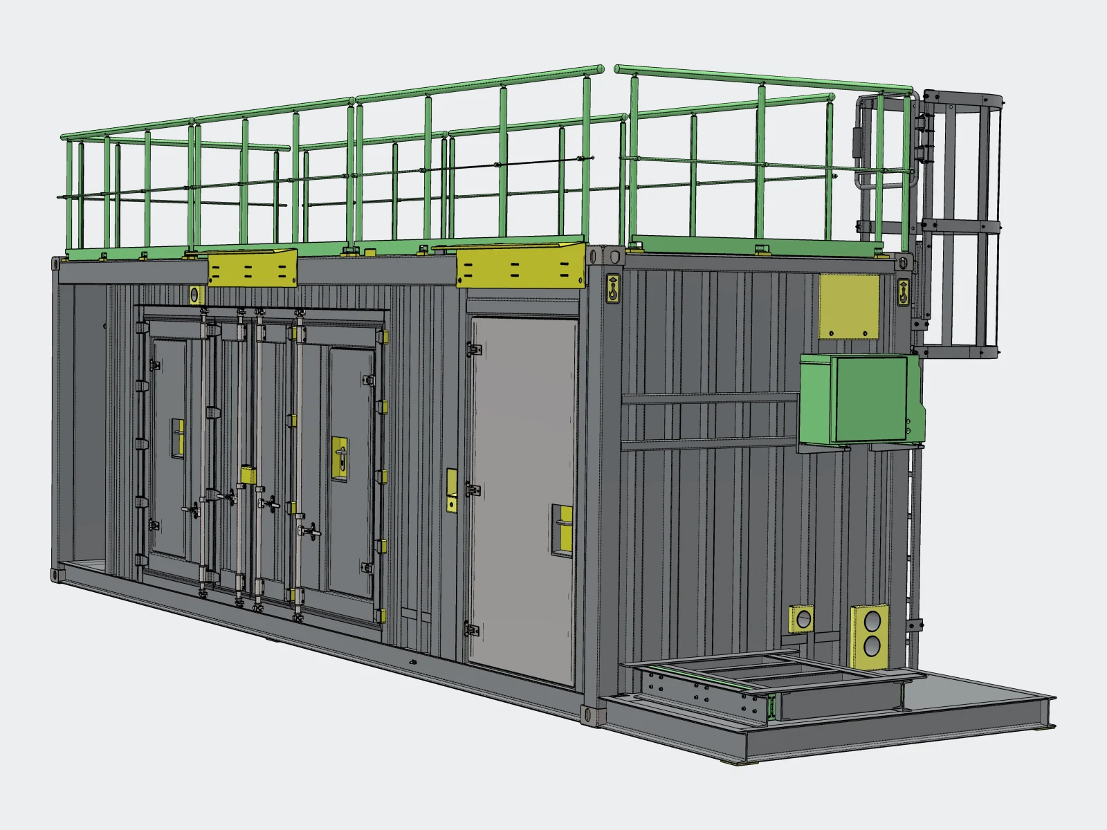 3D model of a steel container enclosure with roof railing, access ladder and service doors