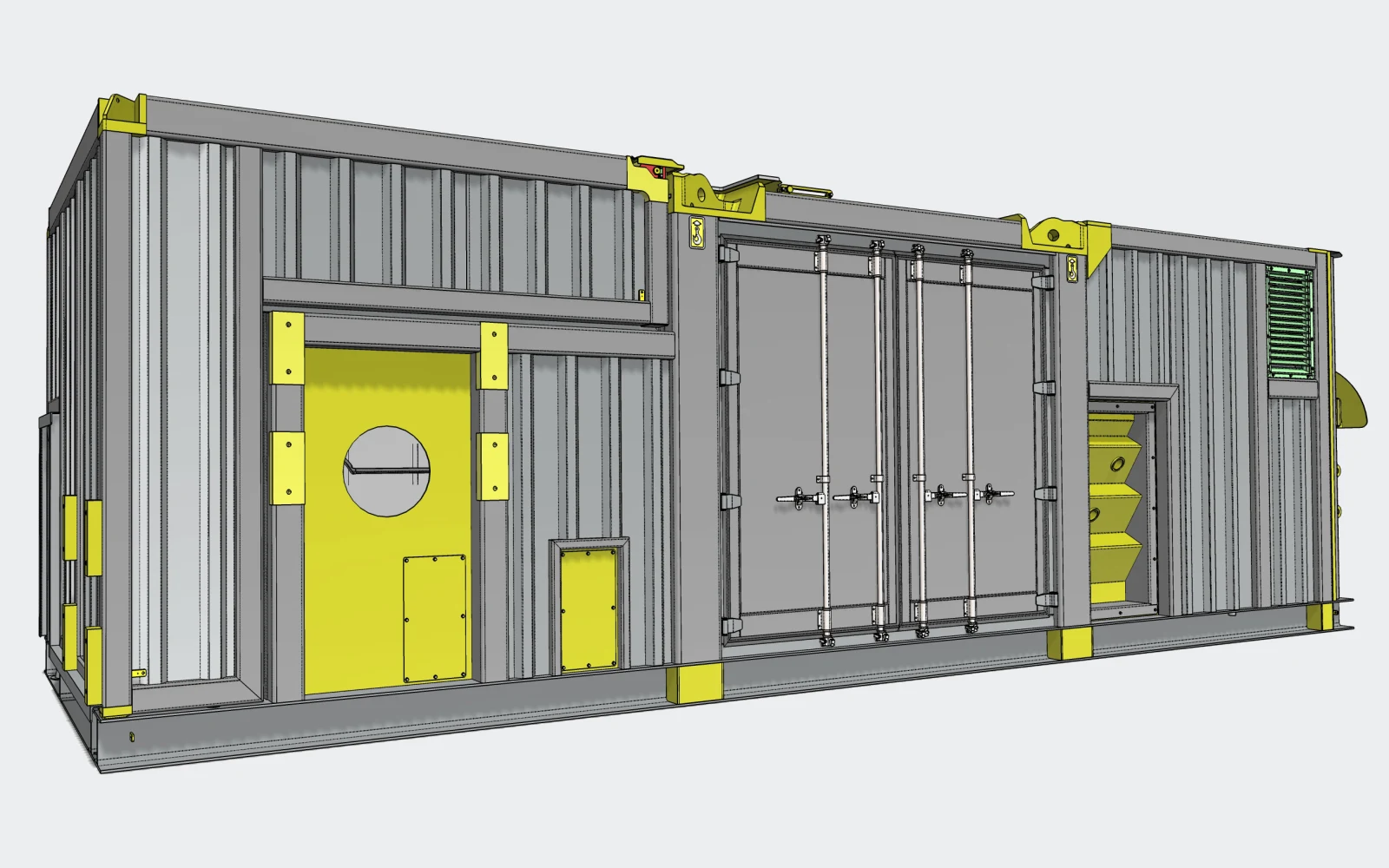 3D model of a mud pump enclosure with double doors, access door and louvres